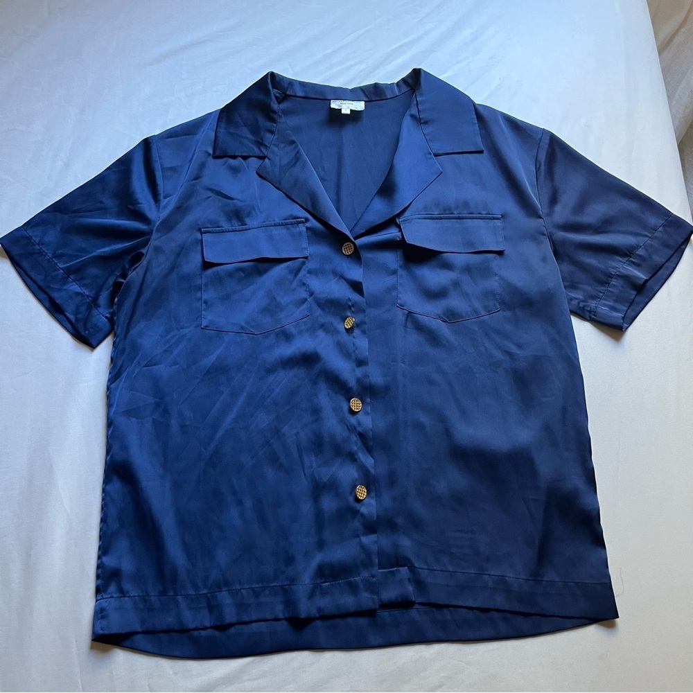 MONTSERRAT blue satin gold novelty button up short sleeve‎ boxy shirt